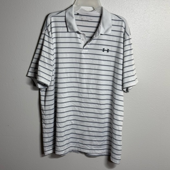 Under Armour Men Polo White Stripe Short Sleeve Shirt Loose Heatgear size XL - Picture 1 of 10